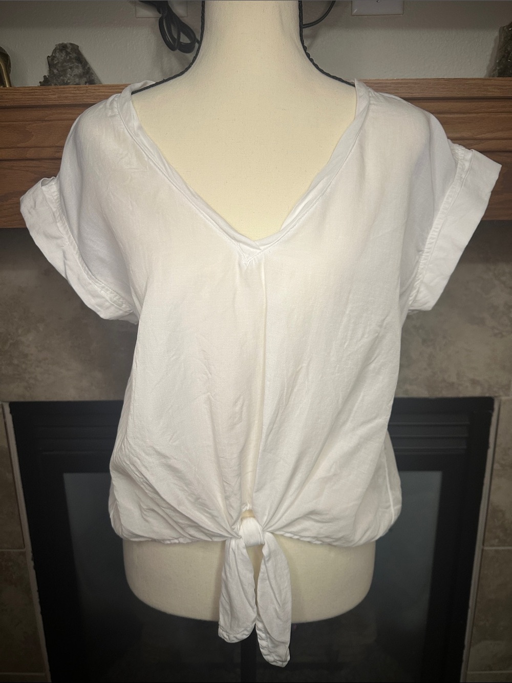 Cloth & Stone White Tie Front V Neck Blouse 100% Tencel Top M
